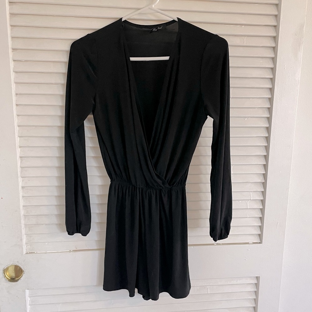 Honey Punch black long sleeve v-neck shorts romper